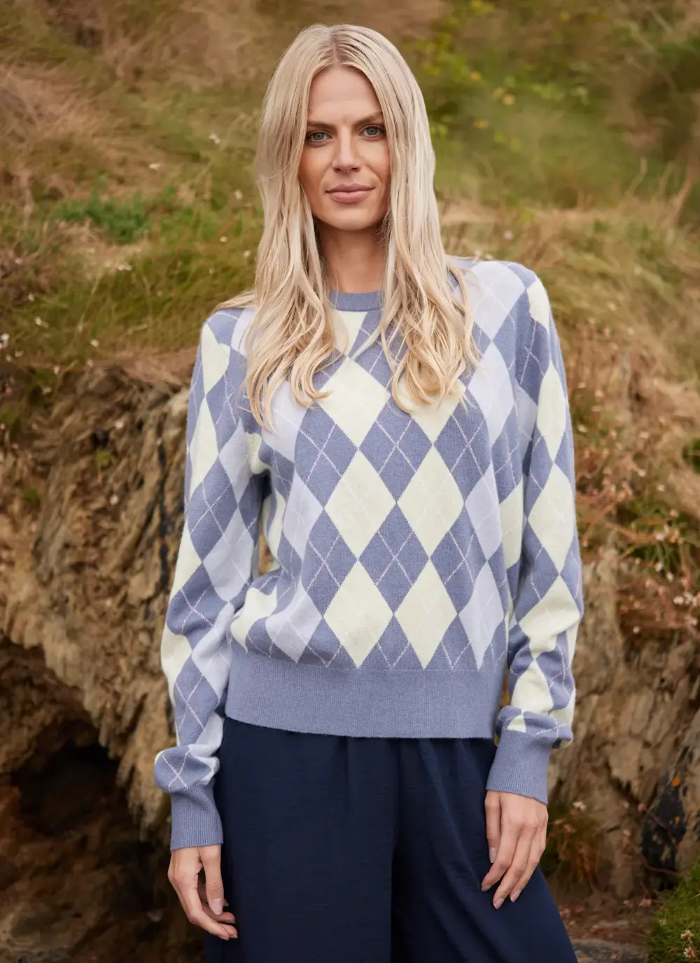 Cashmere Wool Argyle Crew Neck Sweater